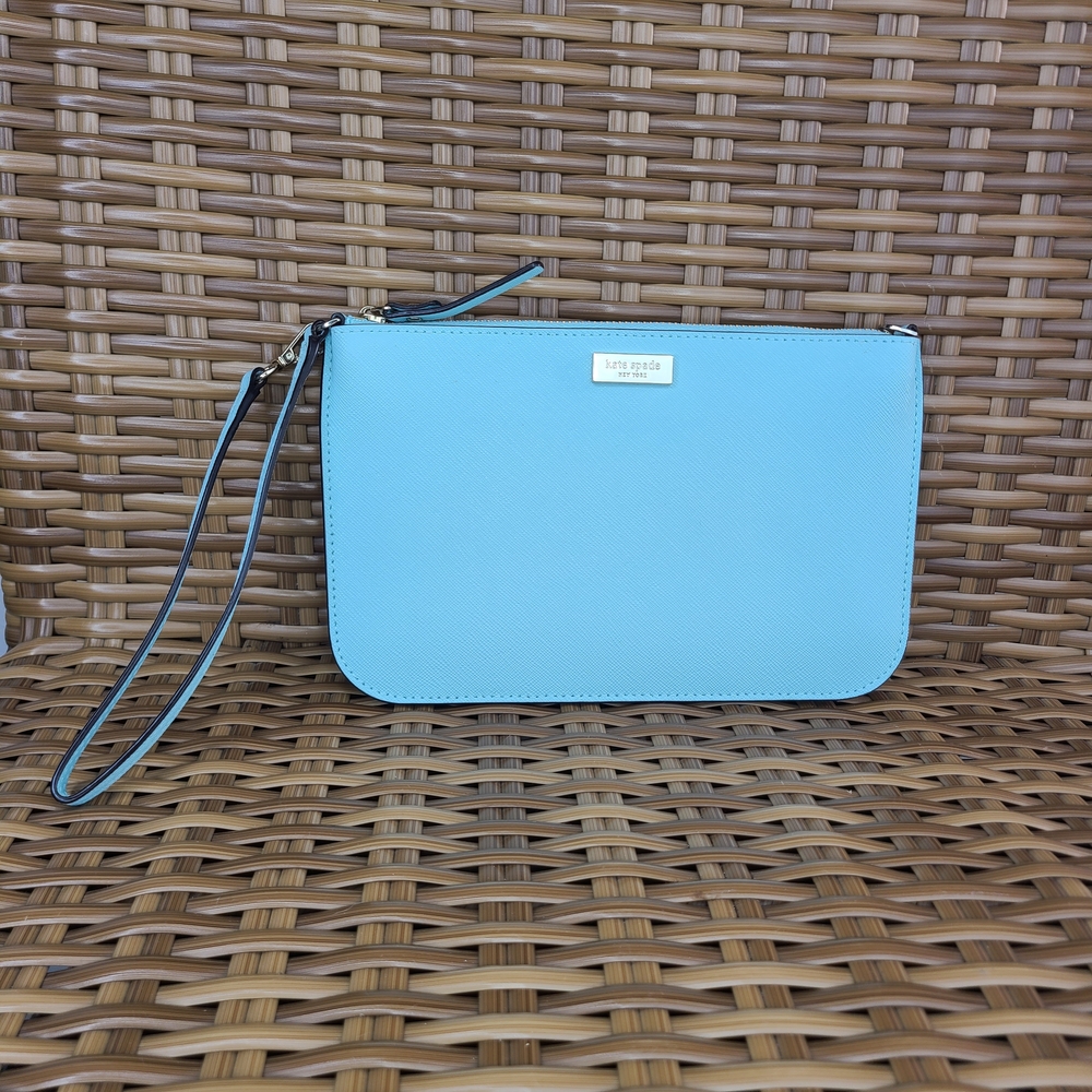Kate Spade Lolly Newbury Lane Light Blue Saffiano Leather Clutch Wristlet Purse
